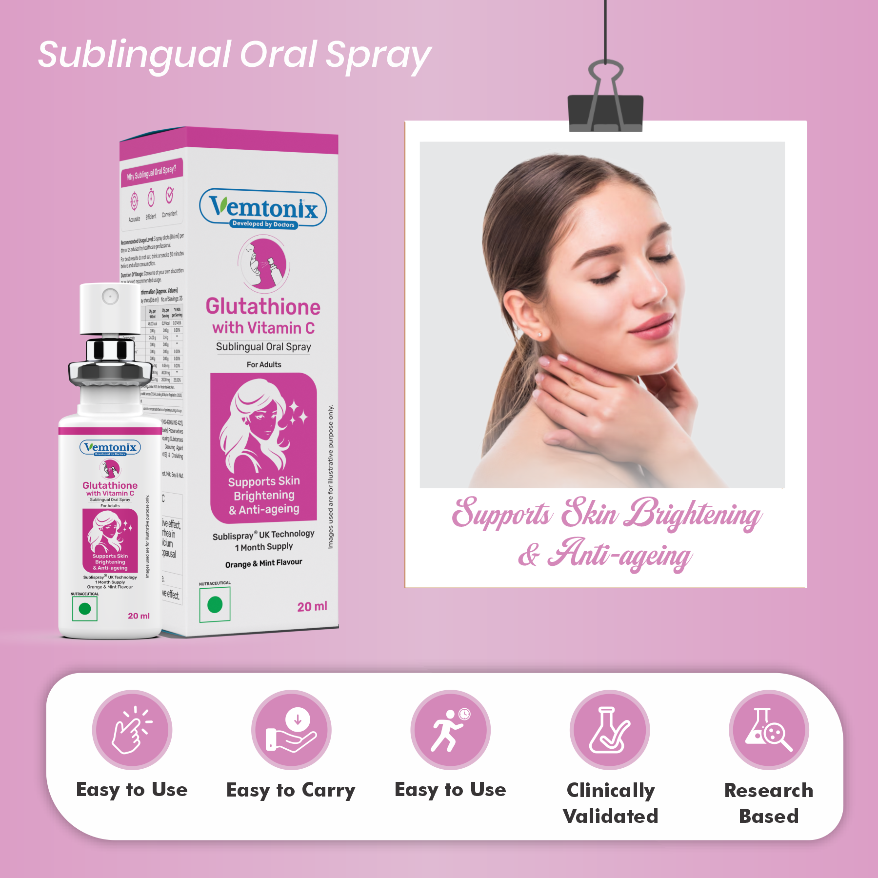Vemtonix Glutathione with Vitamin C sublingual oral spray that supports skin brightening & anti-ageing