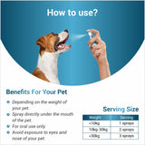 Dog being sprayed with a product and instructions