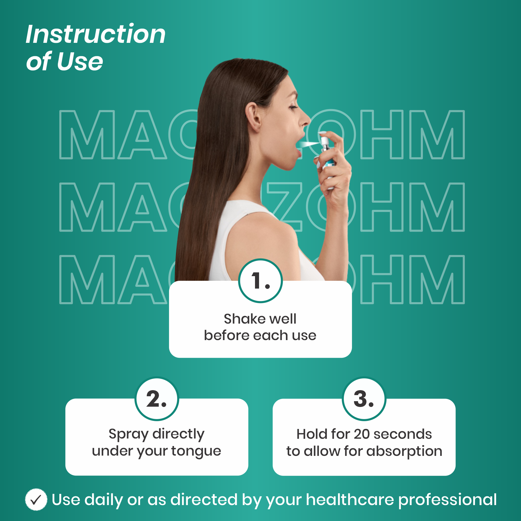 Instructions for using a spray product with a woman holding the spray bottle on a teal background.